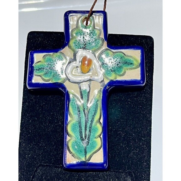 Mexican Pottery Folk Art Lilly Of The Valley Wall Cross Hand Painted 6” - Picture 1 of 8